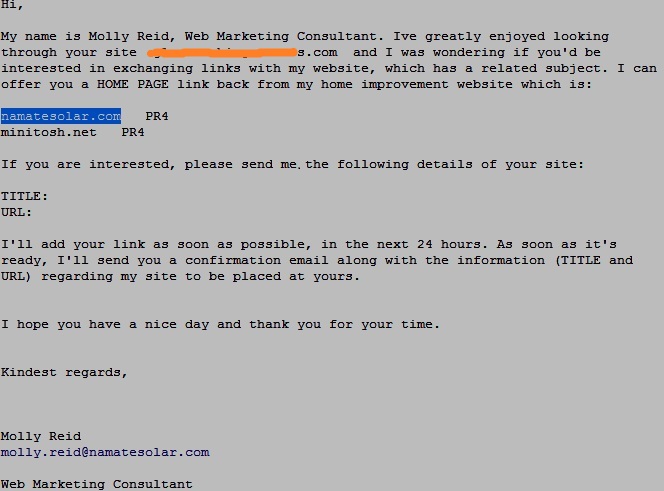 An example of a fake pagerank link exchange scam email request.